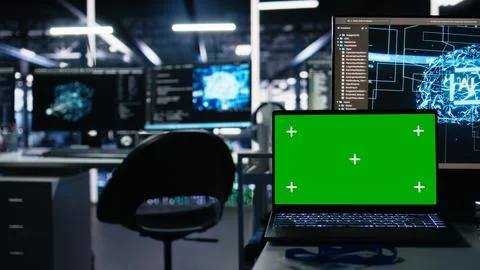 Close up of isolated screen laptop in data center used for AI development Stock Photos