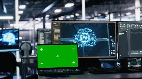 Close up of isolated screen laptop in data center used for AI development Stock Photos
