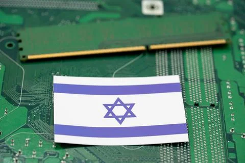 Close up of Israeli flag with computer hardware Stock Photos