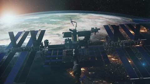 Close up of ISS orbiting realistic planet Earth Stock-Footage 121067180