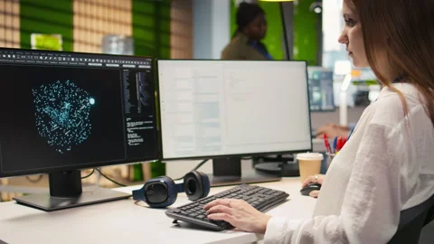 Close up of IT expert coding with AI language model assistance in startup office Vidéo 313164380