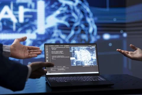 Close up of IT specialists using artificial intelligence technology 写真素材