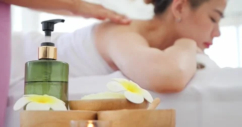 Close up items, accessories for massage. Background woman relaxing with massage. Stock-Footage 245930477