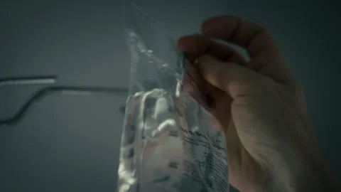 Close-Up of IV Bag Being Handled with Dramatic Blur and Lighting Stock Footage 297275842
