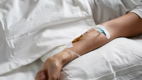 Close-up of IV Drip Cannula in Patient's Arm Stock Footage 313187519