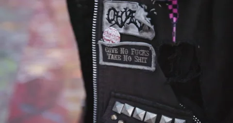 Close up of jacket patch with an explicit saying . Coffin Nachtmahr Vídeos de archivo 167980181