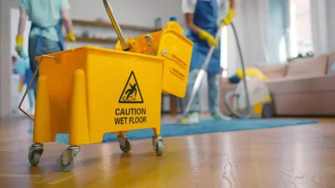 Close up of janitor taking detergent spray from bucket cleaning apartment Stock Footage 139348687