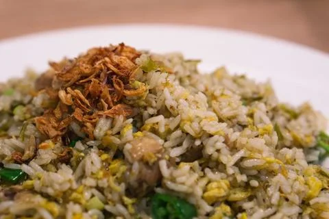Close up java Indonesian fried rice on white plate with fried onions 写真素材