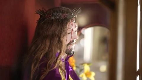 Close-Up of Jesus with Crown of Thorns and Blood Stains Stock Footage 312747592