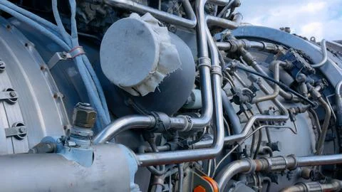 Close-up of the jet engine of a Russian helicopter. An engine for rotating the Foto stock