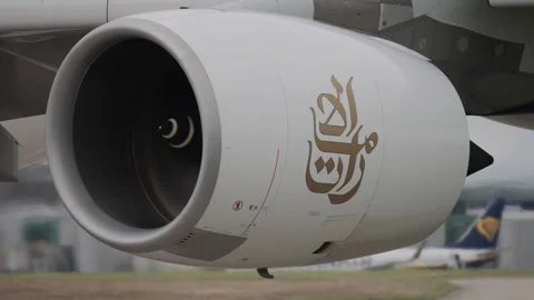 Close up of jet engine starting up on Emirates Airbus A380 before take-off Video stock 279118170