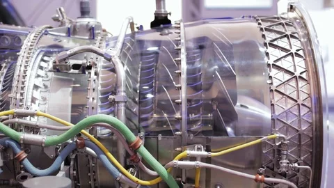 A close up of a jet engine without the case. you can look into the engine Stock Footage 110892891