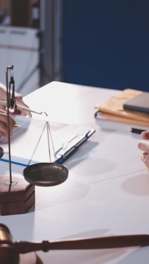 Close-up of judge gavel and scales of justice on lawyer desk. Vidéo 344917153