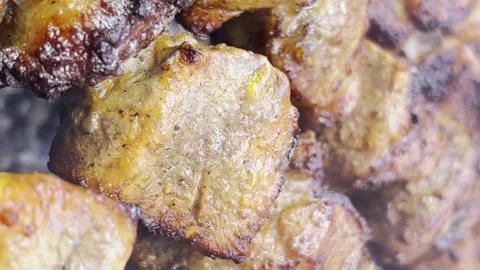 A close-up of juicy pork kebabs being grilled over a fire outdoors. Vertical Stock Footage 250352405