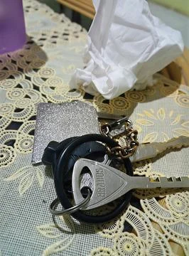 Close-up of a keychain with metal keys Stock-Fotos