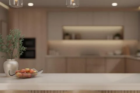 Close up of kitchen counter with ceramic plant vase and a glass bowl of app.. イラスト素材