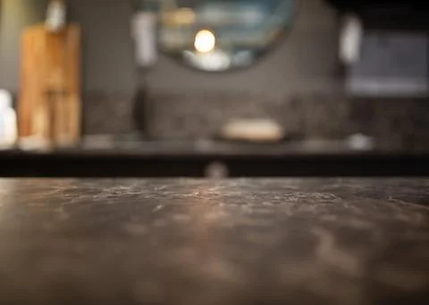 Close up of kitchen countertop with blurred background, shallow depth of field Foto stock