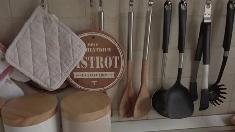 Close Up of Kitchen Tools on the Wall Stock Footage 131437121