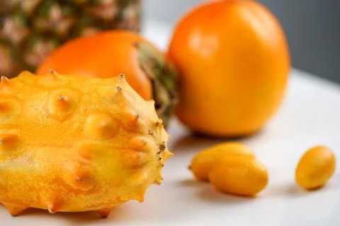 Close-up of kiwano melon on a fruit background. Tropical concept Stock Photos