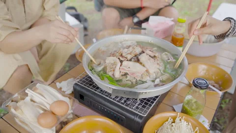 Close up, Korean BBQ with slice pork and vegetable soup Stock Footage 249253940