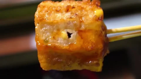 Close up of Korean Fish Cake Sausage Bar (Hotbar) Street Food Stock Footage 337374562