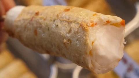 Close up of Korean Fish Cake Stick (Eomuk) with Cheese Filling at Street Food Ma Stock Footage 337374163