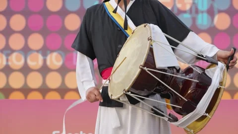 Close Up Korean Janggu Drum Being Played by Pungmul Performer in Seocho Seoul Stock Footage 340889453
