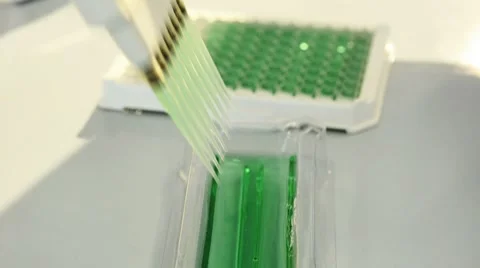 Close-up of lab technician injecting liquid into a microtiter plate Stock Footage 8662684