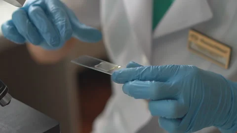 Close up. Lab technician looking through a microscope,close-up shot Stock Footage 107332652