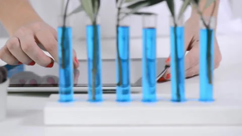 Close up of lab technician using touch screen on tablet computer Vídeo Stock 199630134