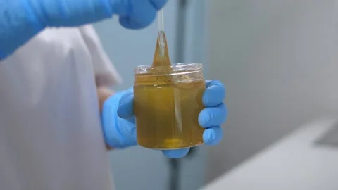 Close-up of a laboratory assistant opens honey for analysis and quality control. Stock Footage 291516877