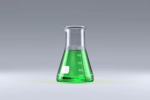 Close-up of laboratory flask with green solution Illustrazione stock