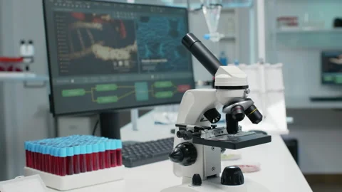 Close up of laboratory microscope on desk Video stock 157593928