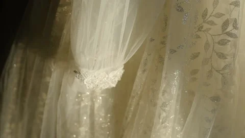 Close-up lacy cobweb white wedding dress Stock Footage 206493812