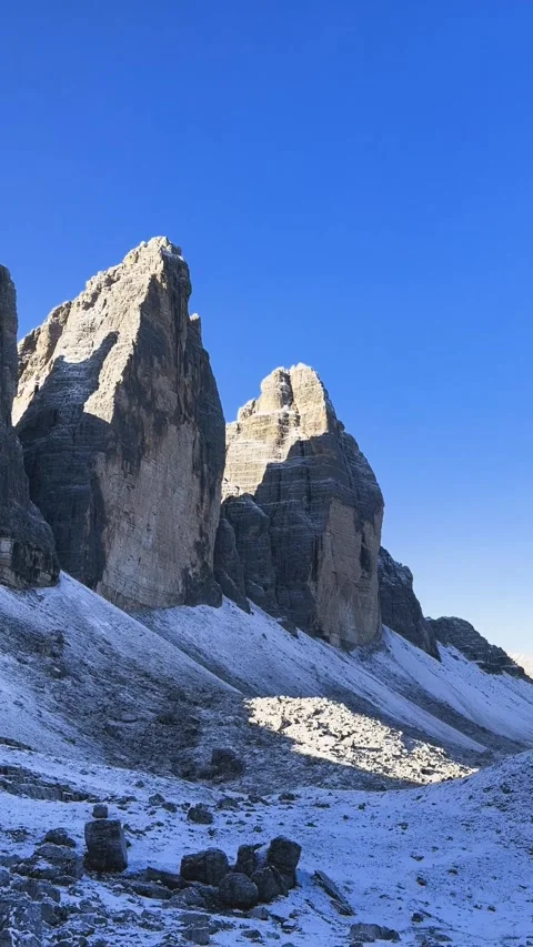 Close landscape view of famous Tre Cime di Lavaredo three iconic peaks Stock Footage 330437416