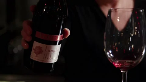 Close up langhe nebbiolo red wine poured into glass, slow motion Stock Footage 229808898