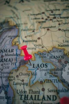 Close up of Laos pinpointed on the world map Stock Photos