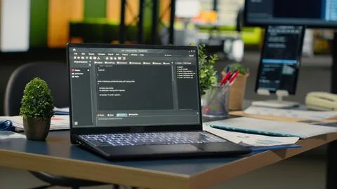 Close up of laptop AI in empty Silicon Valley company office 写真素材