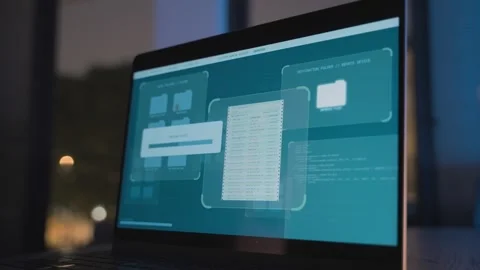 Close up on laptop computer screen as classified government files upload or Stock Footage 334646199