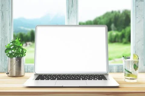 Close up Laptop Computer on Top of Office Table of a Businessman with Empty Stock Illustration