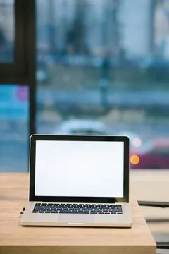  Close up Laptop Computer on Top of Office Table of a Businessman with Emp... Foto stock