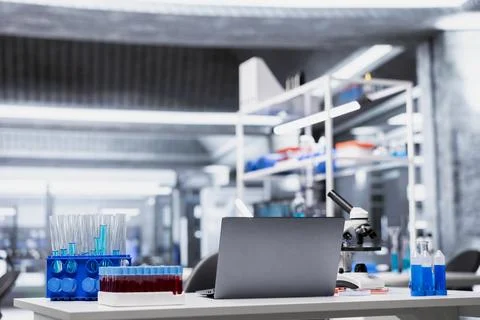 Close up of laptop in empty lab used by researchers to document clinical trials Fotos Stock
