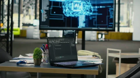 Close up of laptop in empty office used to accelerate AI calculations Video stock 323406331