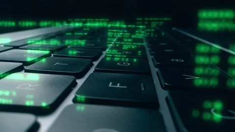 Close up of laptop keyboard with abstract coding big data. Digital innovation Stock Footage 239466772