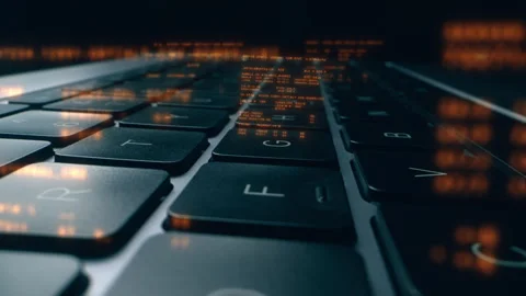 Close up of laptop keyboard with abstract coding big data. Digital innovation Stock Footage 243999747
