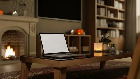 A close-up of a laptop mockup on a dark coffee table in a cozy contemporary.. Stockillustratie