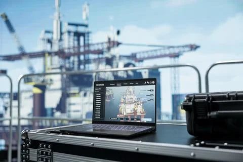 Close up of laptop on offshore platform with software interface Stock Photos