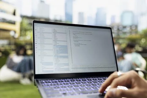 Close up of laptop with programming language on terminal window Stock Photos