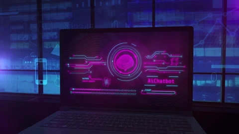 Close-up of a laptop screen with infographics about AI. 3D render Stock Footage 258710114