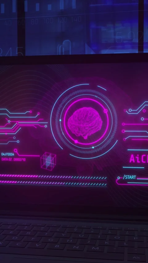 Close-up of a laptop screen with infographics about AI. 3D render Stock Footage 275857513